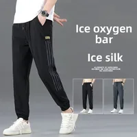 Men's Ice Silk Casual Pants Thin Quick Dry Loose Harem Cuffed Workwear Sports Nine Points Pants Harajuku Style Korean Fashion