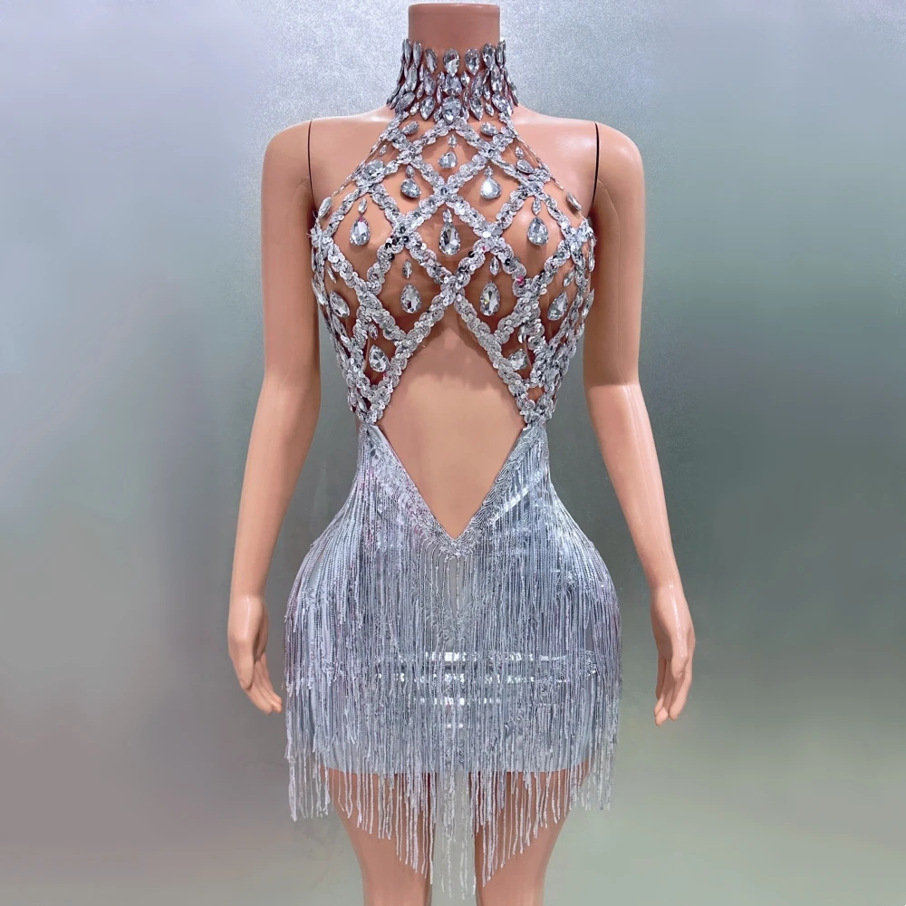 

Sliver Color Rhinestones Tassels Women Sexy Halter Backless Mini Dress See Through Sexy Nightclub Party Celebrate Birthday Dress