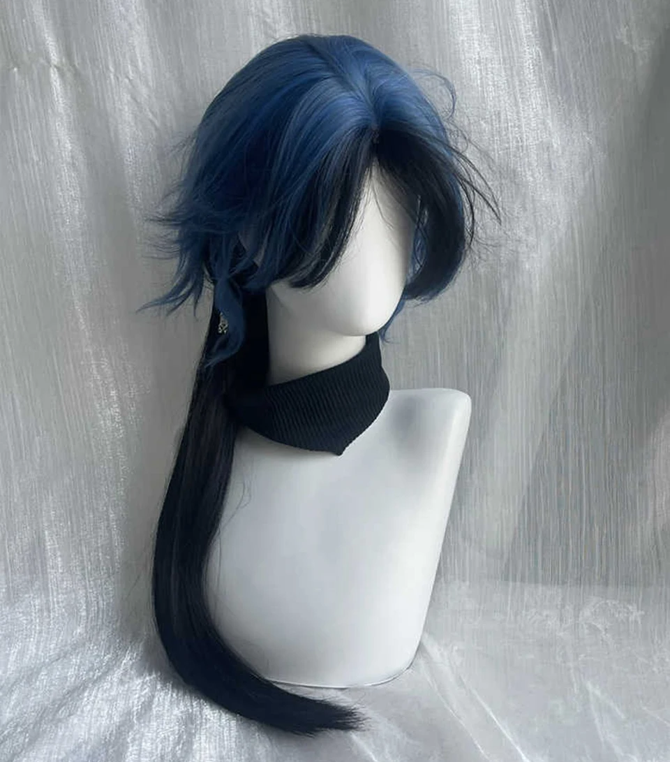 Black Blue Synthetic Straight Wig with Bangs for Women Cosplay