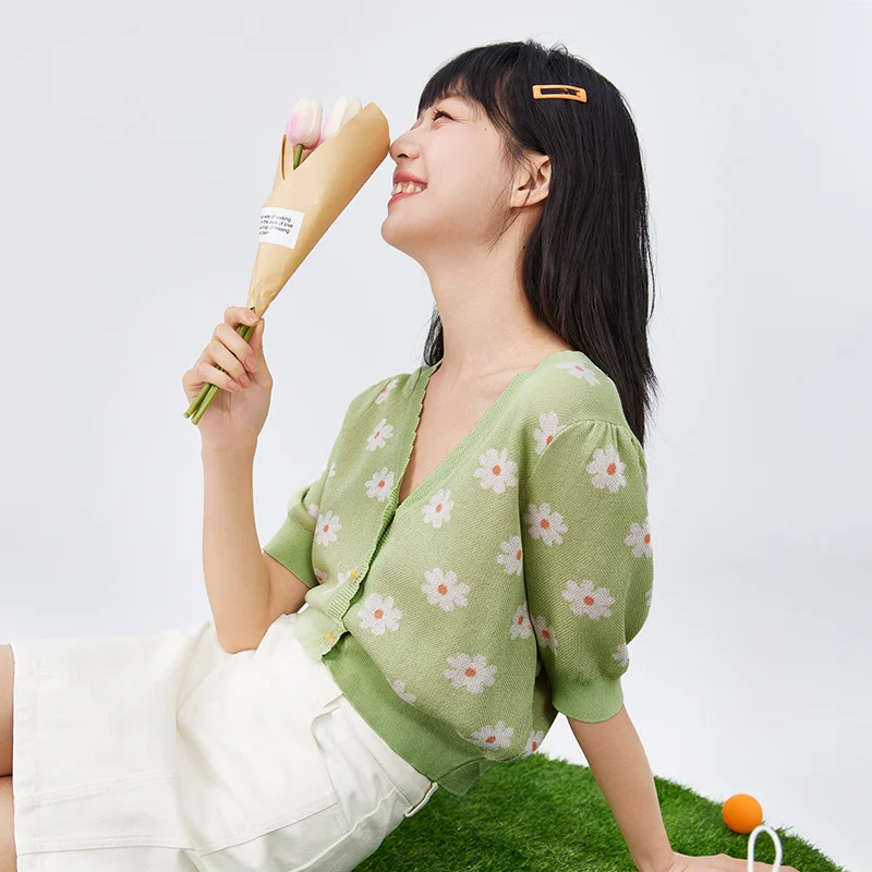 세미 여성 니트웨어 짧은 v넥 레이스 자카드 가디건, 신선하고 달콤한 스웨터 2023 가을 신제품