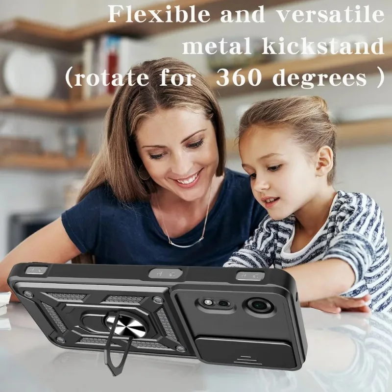 Magnetic Metal Ring Holder Shockproof Armor Case with Slide Lens Cover