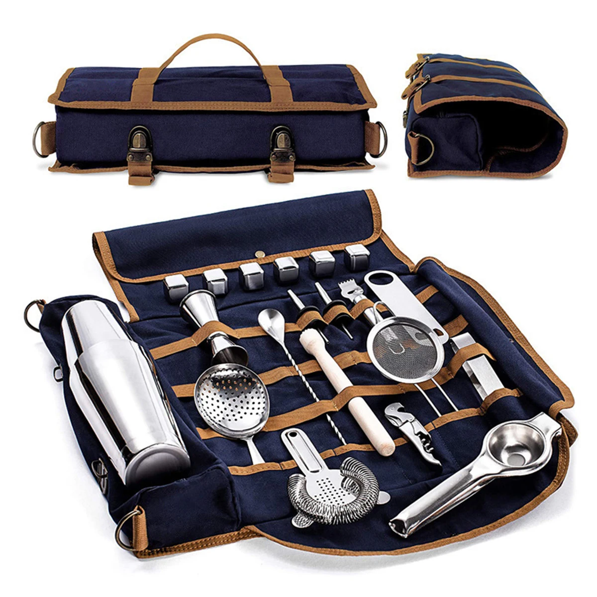 Bartender Portable multifunctional Kit Bag Canvas Tool Bag Professional Cocktail Mixer Cocktail Shaker Wine Set With Buckle
