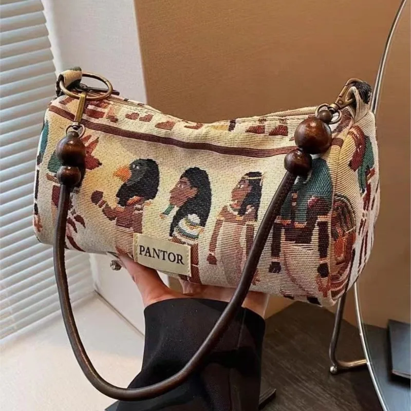 Retro Pharaoh Cartoon Print Tote Bag Women Bohemian Style Fun Cute Large Capacity Shoulder Bag Ladies Fashion Casual Handbag New