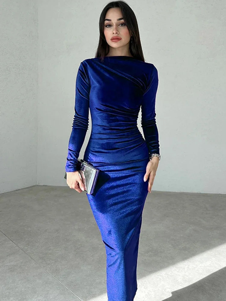 BWQ 2024 Spring Summer Velvet Long Sleeve Midi Dress For Women