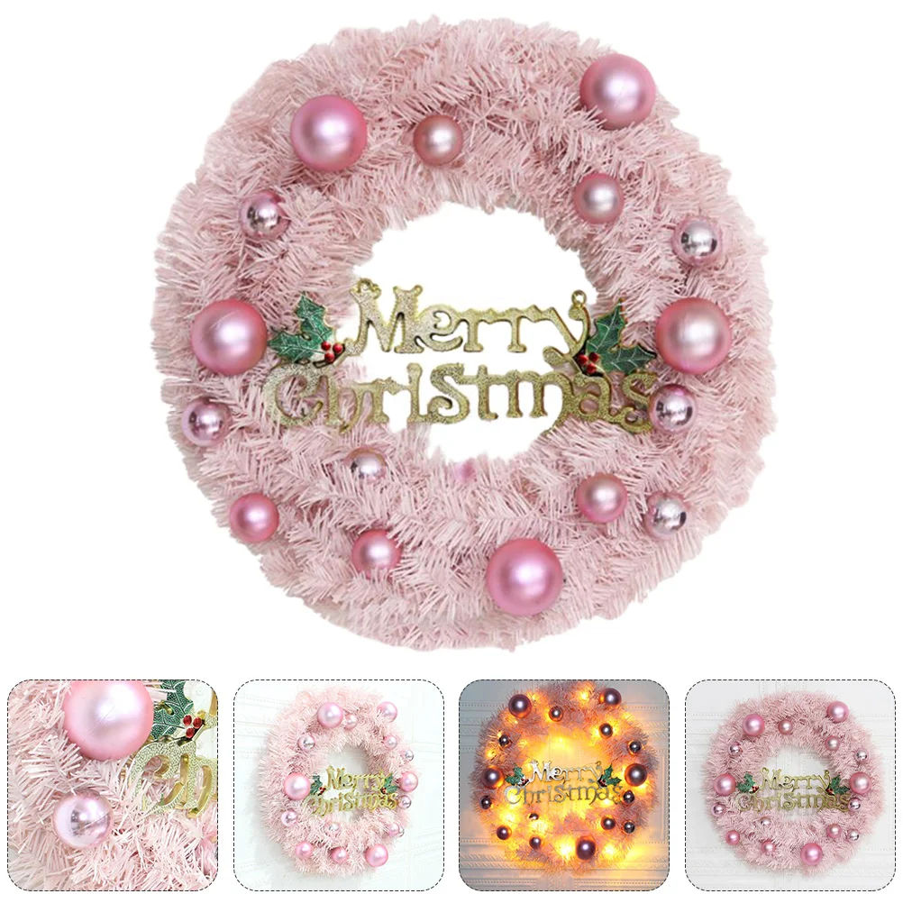 

Pink Artificial Christmas Wreath Merry Christmas Sign Shatterproof Christmas Ball Wreath With Light Xmas Decoration