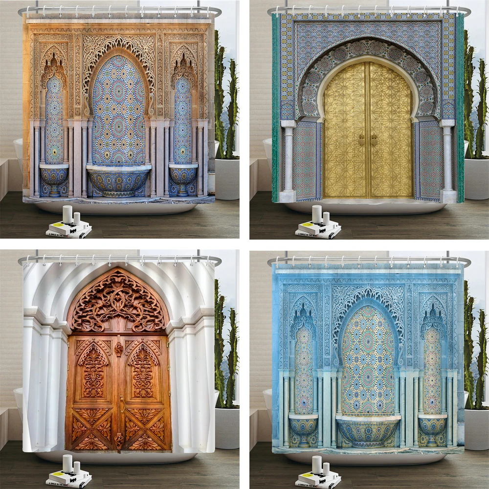 

European Arch Door Shower Curtains Bathroom Curtain Printed Waterproof Polyester Fabric Bath Screen Curtain for Home Decor With