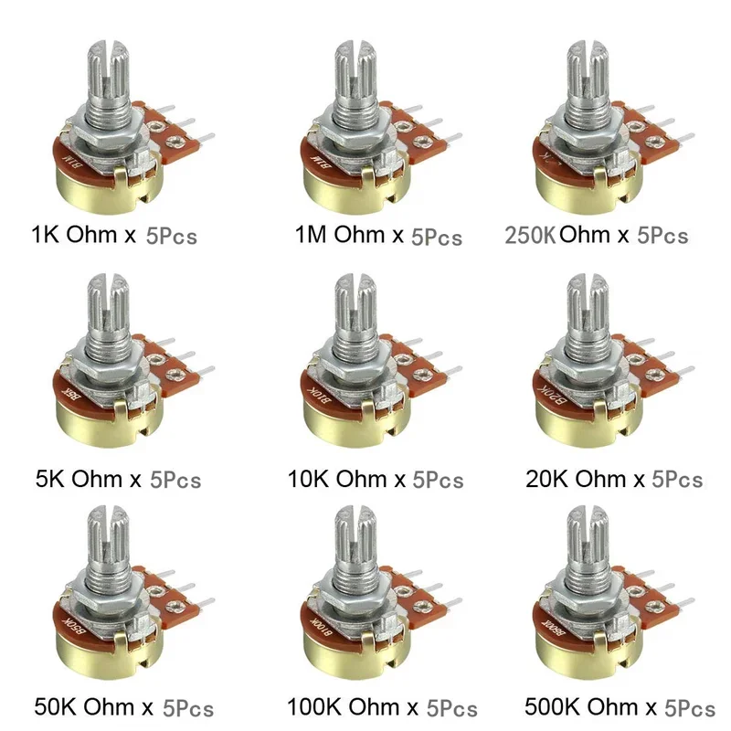 45Pcs WH148 Single Potentiometer Assorted Kit B1K/5K/10K/20K/50K/100K/500K/1M with knobs Single potentiometer set Shaft Nuts