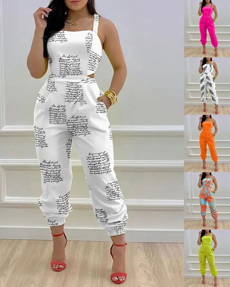 Summer Sleeveless Long Jumpsuit Women Fashion Plus Size Printing Square