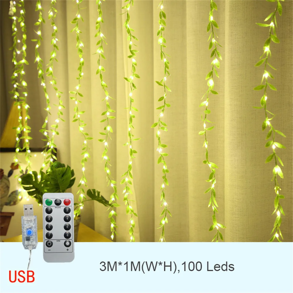 

3x1M 100 Leds Willow Artificial Vines Curtain String Light USB Powered 8 Modes Indoor Decoration for Backdrop Wedding Party