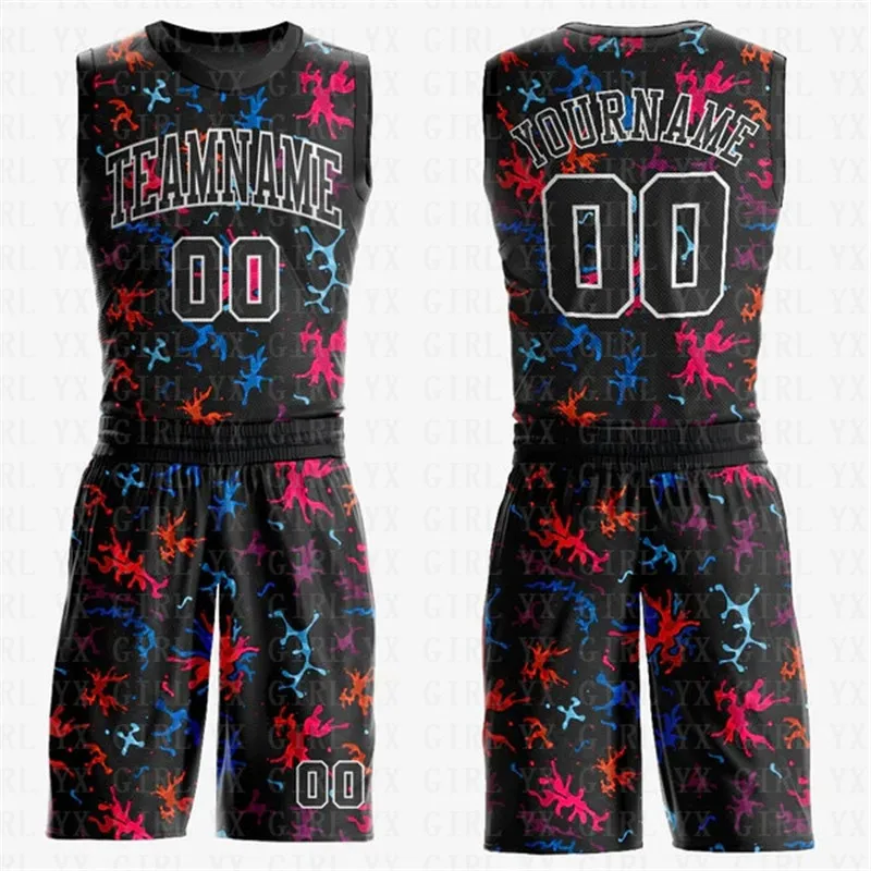 Custom Black Black-Light Blue Round Neck Sublimation Basketball Suit Jersey 3D Printed Tank Tops And Shorts Personlized Team