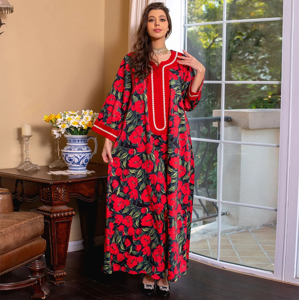 Fridayin Muslim Abaya Sweet Long Dresses for Women V-neck Color Contrast Rhinestone Flared Sleeve Kaftan Loose Straight Skirt