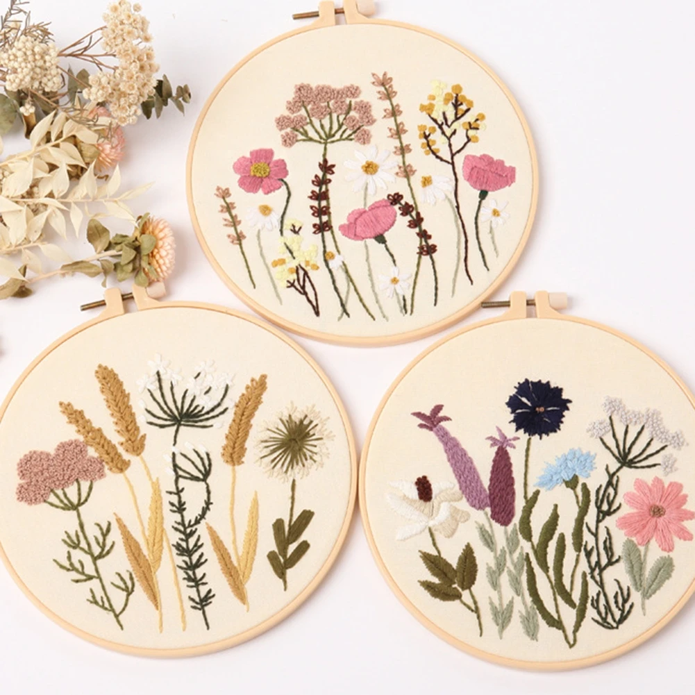 Embroidery Starter Kit With European Pattern Instructions Cross Stitch Set Flowers Plant Stamped Embroidery Kit With Hoop Crafts