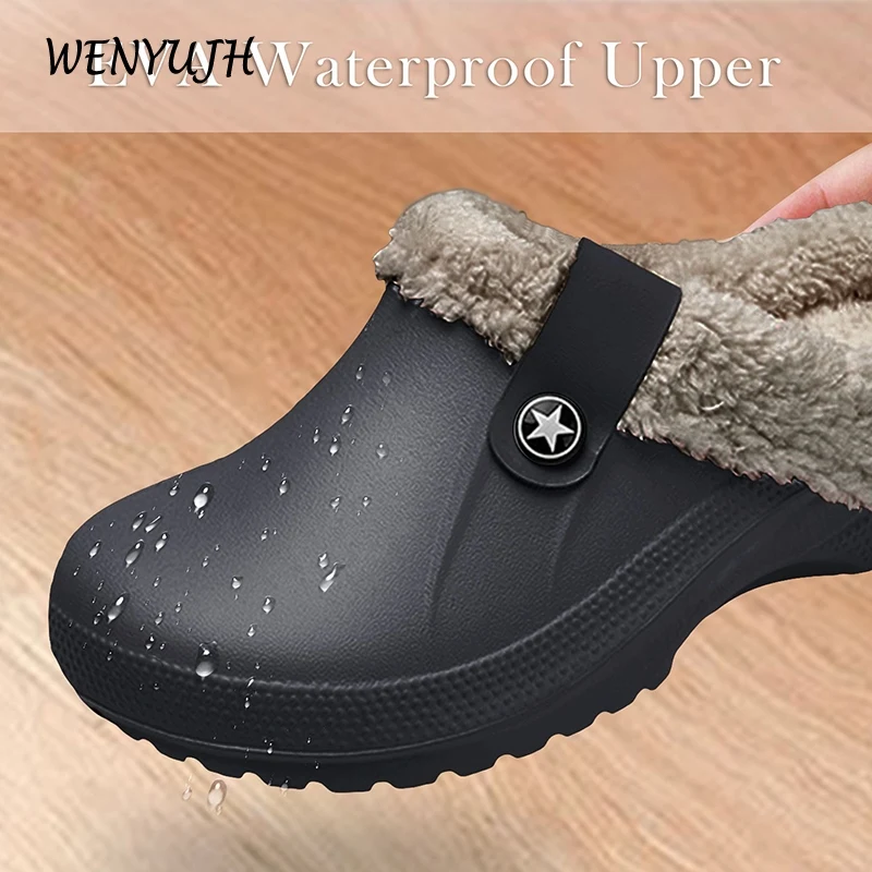 Waterproof Mule Clogs Men Slippers Winter Warm Unisex Fur Slippers House Room Slippers Trend Indoor Floor