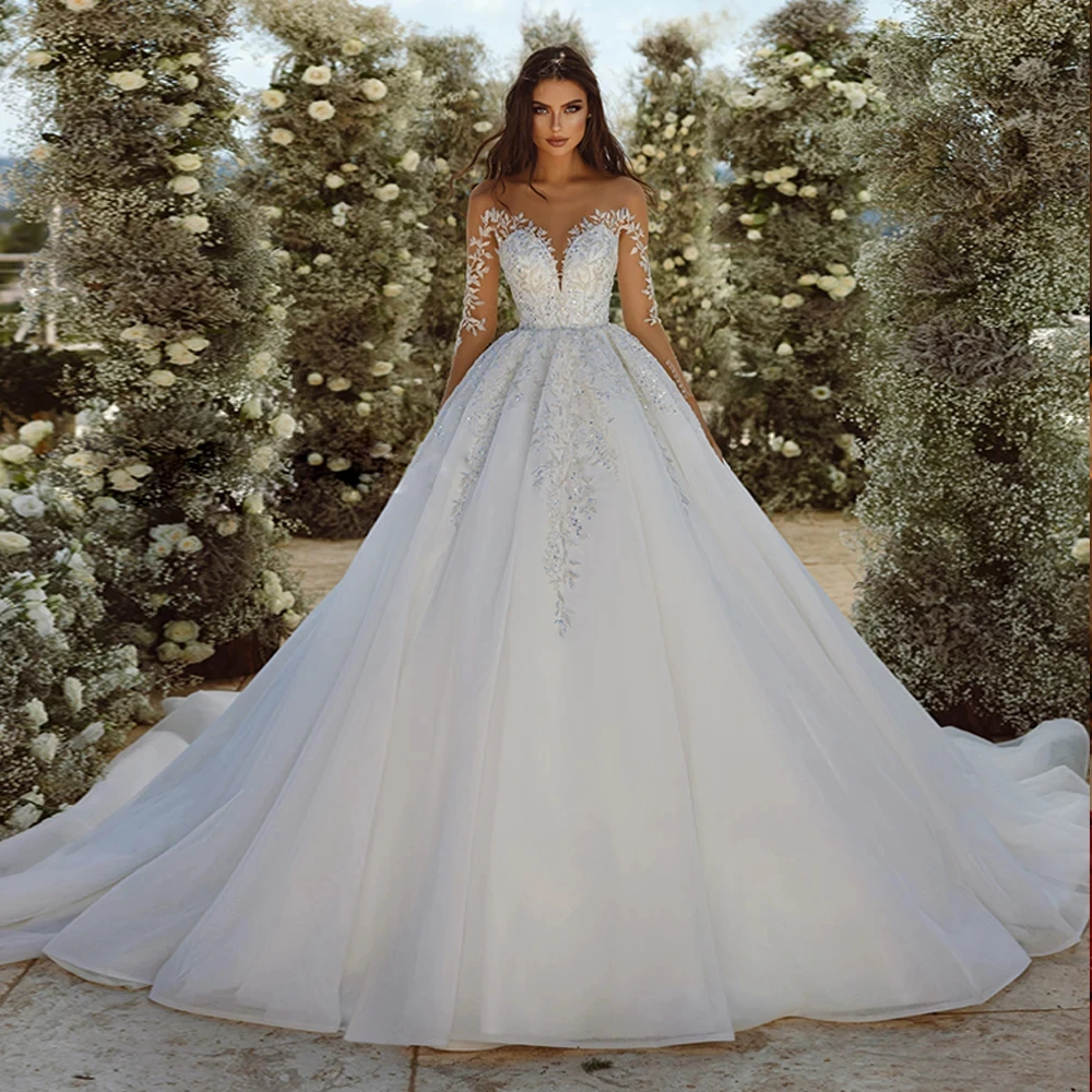 

Hochzeitskleid Long Sleeve Wedding Dress Sequined Beading Ball Gown Robe Mariage Illusion Back Vintage Vestidos свадебное платье