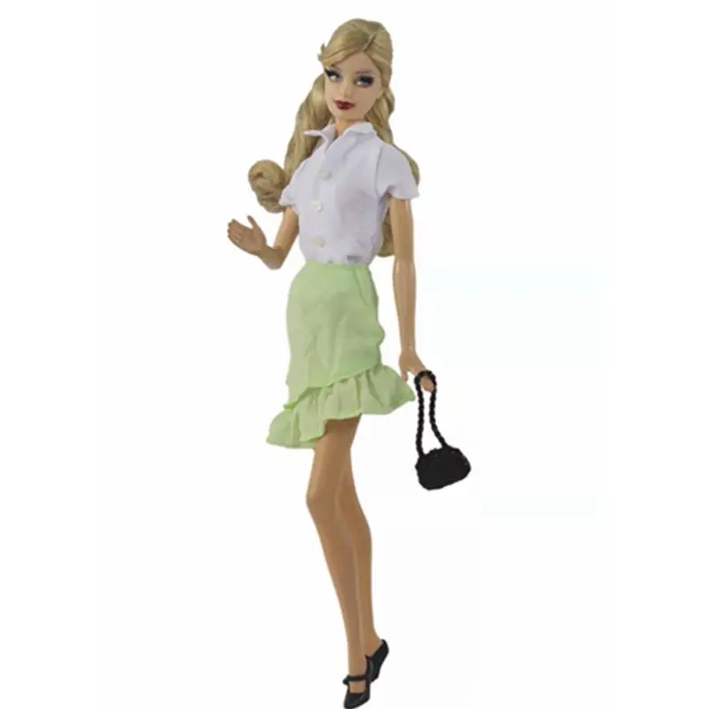

11.5" Doll Outfits White Shirt Top Green Skirt for Barbie Clothes Set for Barbie Doll Clothes Bag 1/6 Dolls Accessories Girl Toy