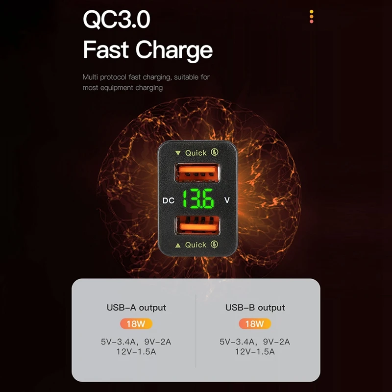 36W Fast Car Charger QC3.0 Dual USB Fast Charger with Blue Voltage Waterproof Mobile Phone for Toyota 40x22MM