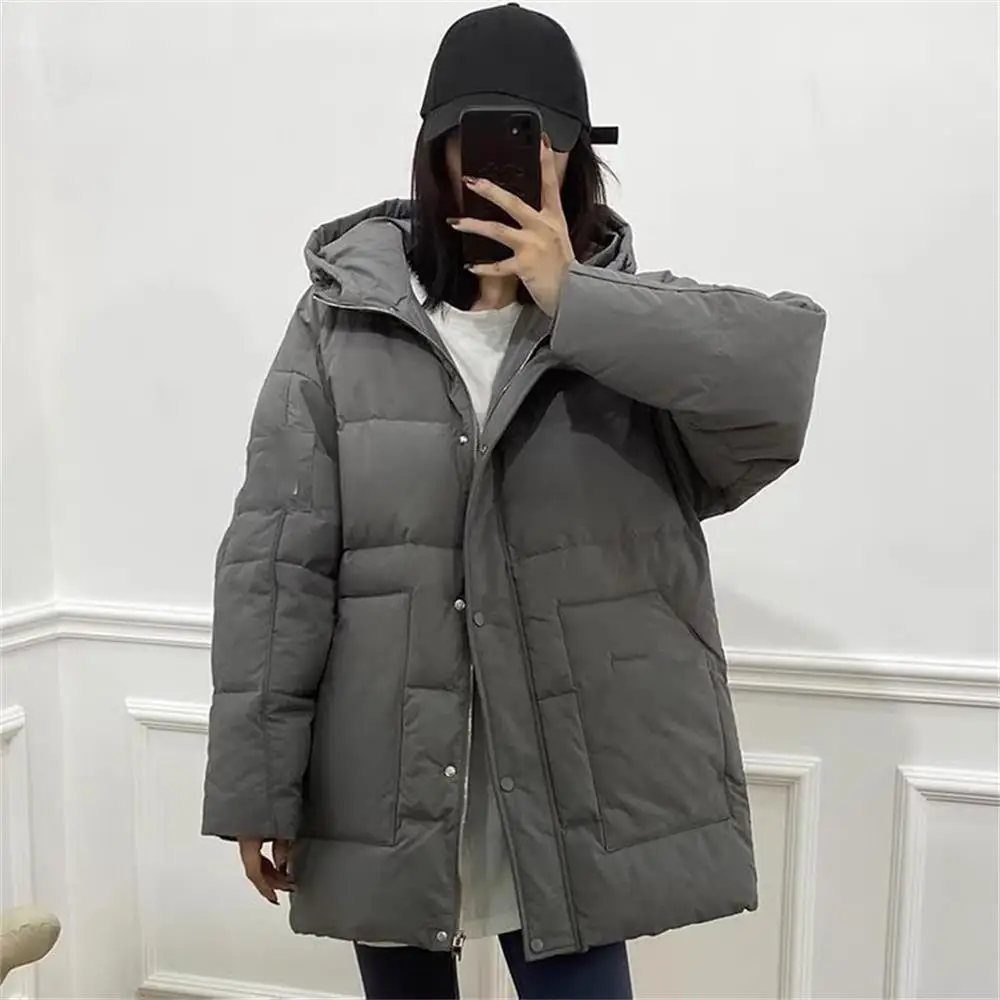 

Mid-Length Hooded Down Jacket For Couples Loose Big Pockets High Quality Korean Fashion Brand Winter Thickened Warm Down Coat