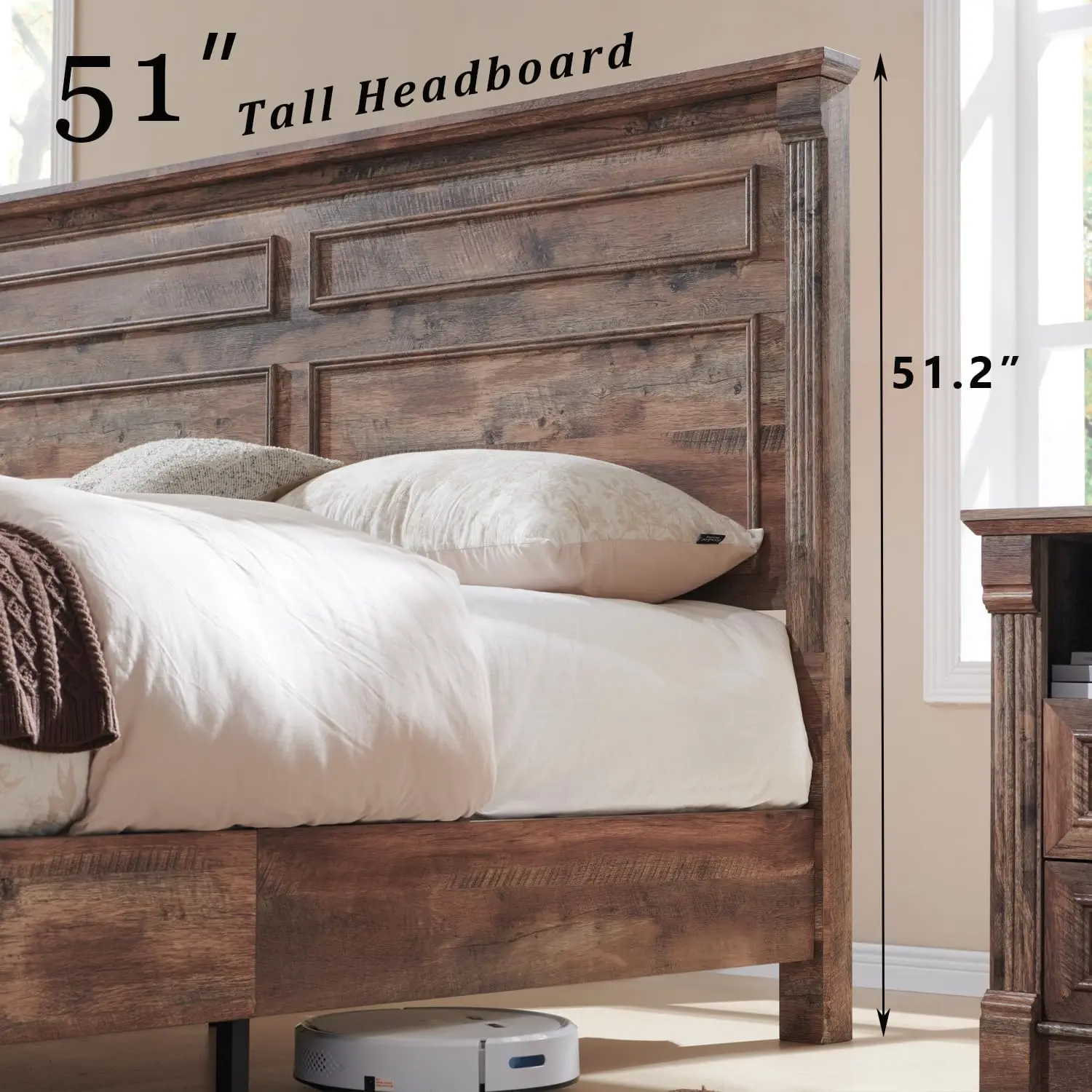 Farmhouse King Size Bed Frame with Roman Column Decoration,with 51" Tall Headboard, Wood Bed Frame with 20" Tall Footboard. 4
