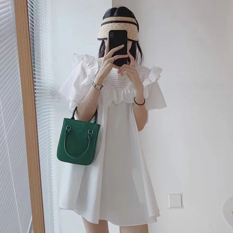 

2023 Summer Maternity Mini Dress Short Petal Sleeve O-Neck Ruffles Patchwork Pregnant Woman Pleated Dress Pregnancy Cotton Dress