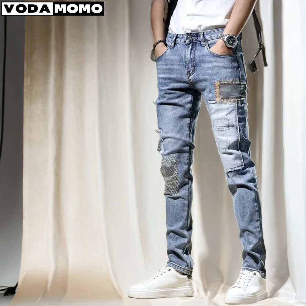 

2023 Men traf homme Jeans Pants Slim Straight Frayed Denim Clothes Men New Fashion Skinny Trousers Clothes Pantalones Hombre