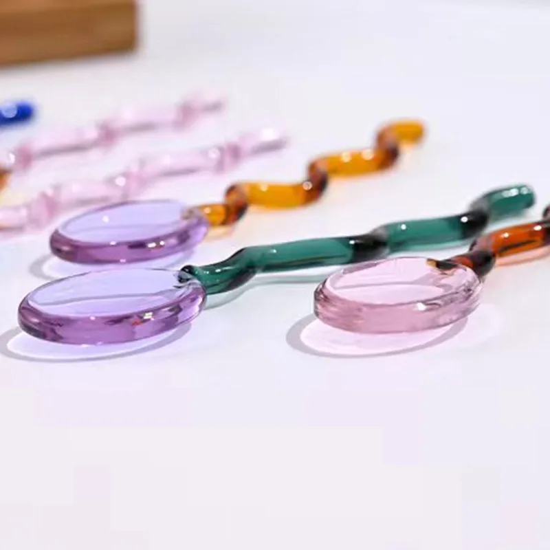 Creative Glass Milk Spoons Colored Transparent Coffee Dessert Stirring Spoon Long Handle Wave Stirrer Spoon Kitchen Tableware
