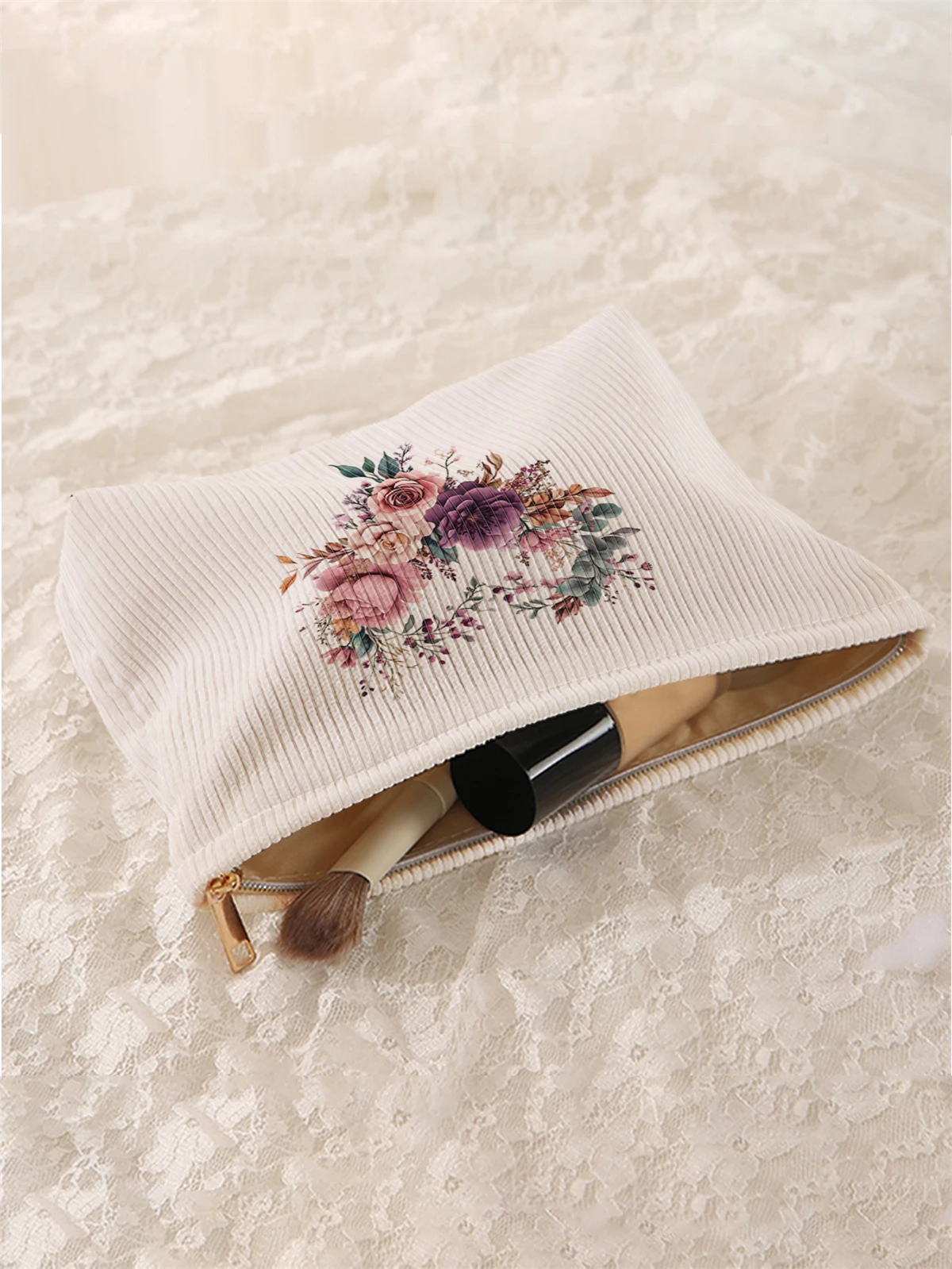 1pc floral pattern printed corduroy makeup bag, lightweight zipper makeup storage box, multifunctional bag with lining