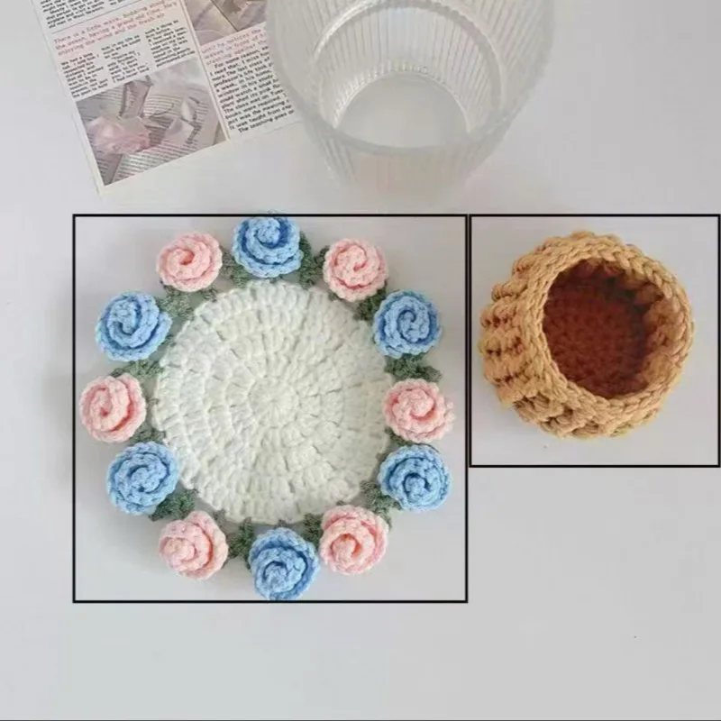 1 PC Handmade Yarn Crochet Rose Coasters, Finished Insulation Pads, Desktop Ornaments, Creative Crochet Holiday Gifts