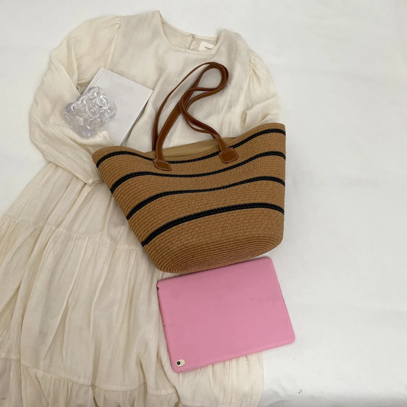 Women Fashion Striped Summer Beach Straw Knitting Shoulder Bag Hollow Out Handwoven Handbags Portable Large Capacity Casual Tote