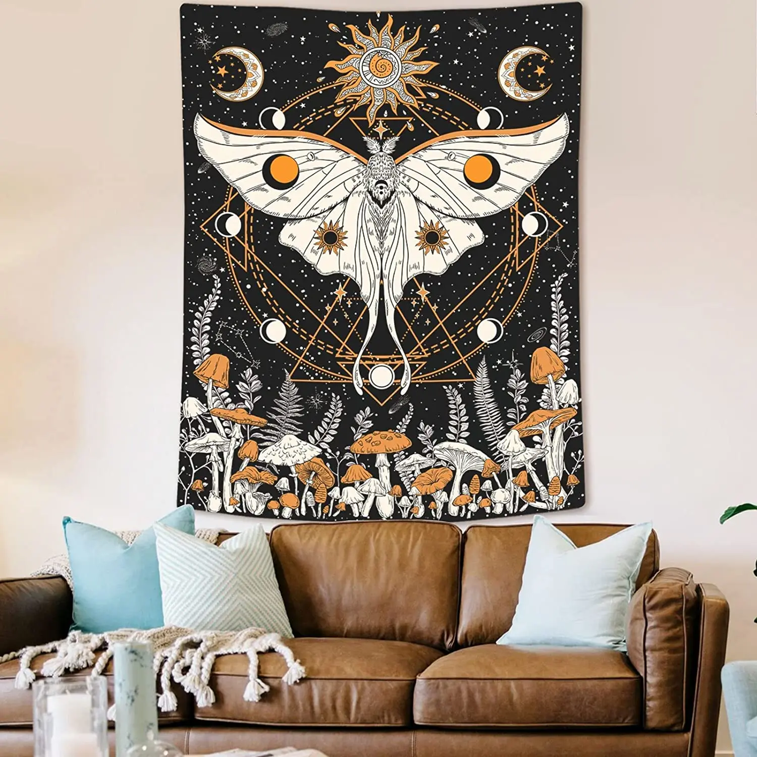 Mushroom Sun Moon and Stars Tapestry Decor Wall Hanging