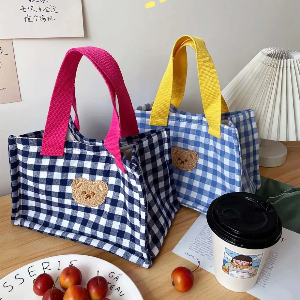 Cartoon Plaid Bear Lunch Bag Lightweight Handheld Bag Korean Style Handbag Fashion Design Large Capacity Small Tote