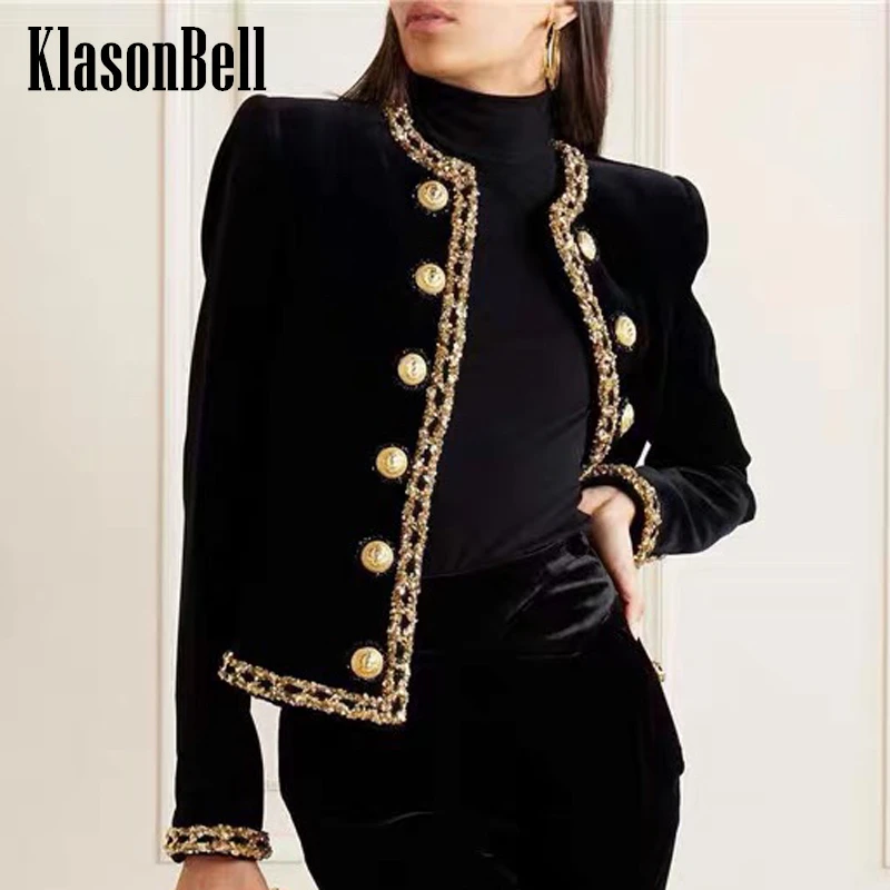 KlasonBell 여성용 핸드메이드 스팽글 체인 장식 벨벳 재킷, O-넥 라이온 골드 단추 짧은 아우터, 럭셔리 패션, 3.20