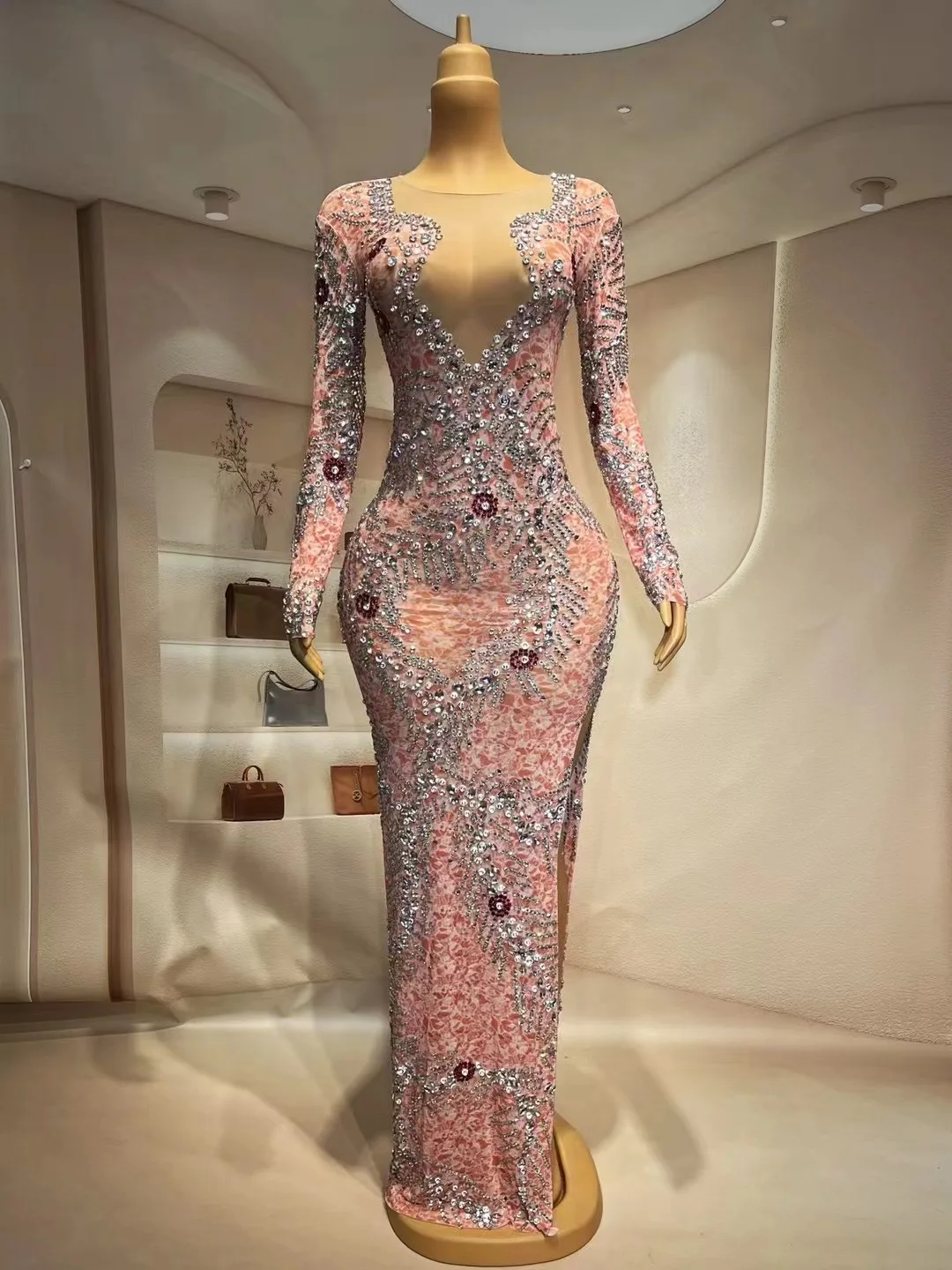 

Silver Pink Rhinestones Transparent Long Sleeves Dress Birthday Celebrate Evening Party Stretch Costume Sexy Dance Performance