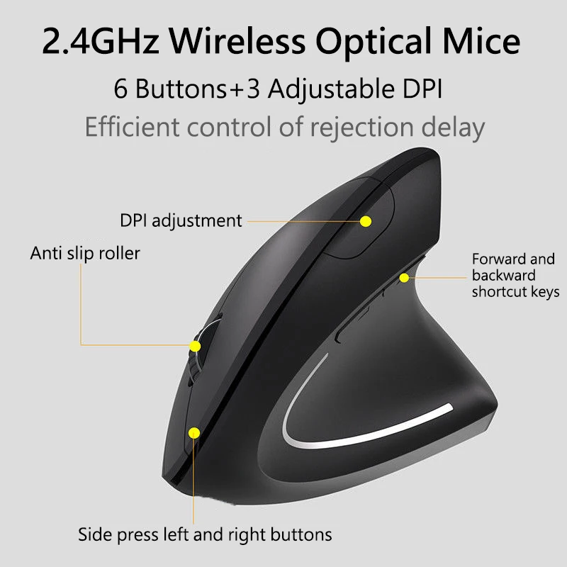 Vertical Mouse Ergonomic 2.4GHz Wireless Optical Mice 3 Adjustable DPI 800/1200/1600 6 Buttons for Laptop PC Computer Desktop