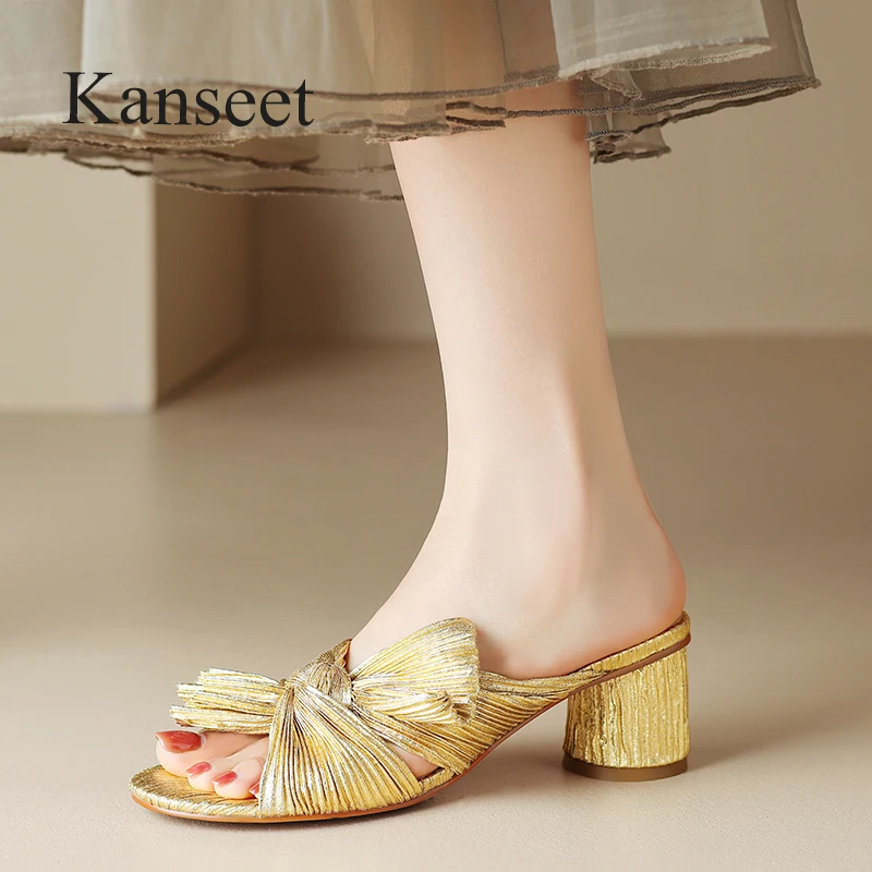 

Kanseet Slipper Woman 2023 Summer Microfiber Leather Women Shoes Handmade Butterfly-Knot Fashion High Heels Ladies Slippers New