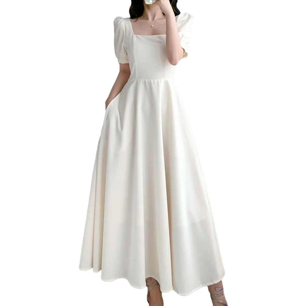 

Women Red Puff Sleeve Elegant Dress Square Collar A-line Casual Dresses Solid Wedding Dress Beach Vestidos For Ladies Summer