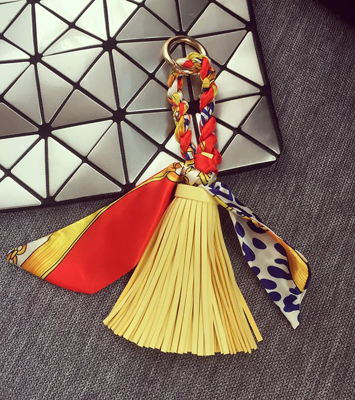 Fringed Leather & Silk Scarf-Inspired Bag Charm with Keychain