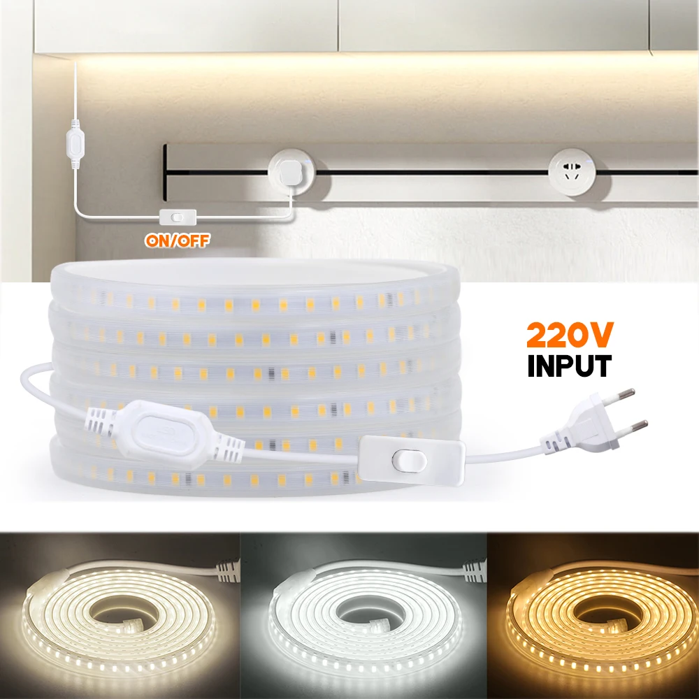 

220V LED Strip Light With EU Switch Plug High Brightness 2835 120LEDs/m Flexible LED Tape Ribbon Waterproof Outdoor Lamp 1M-35M