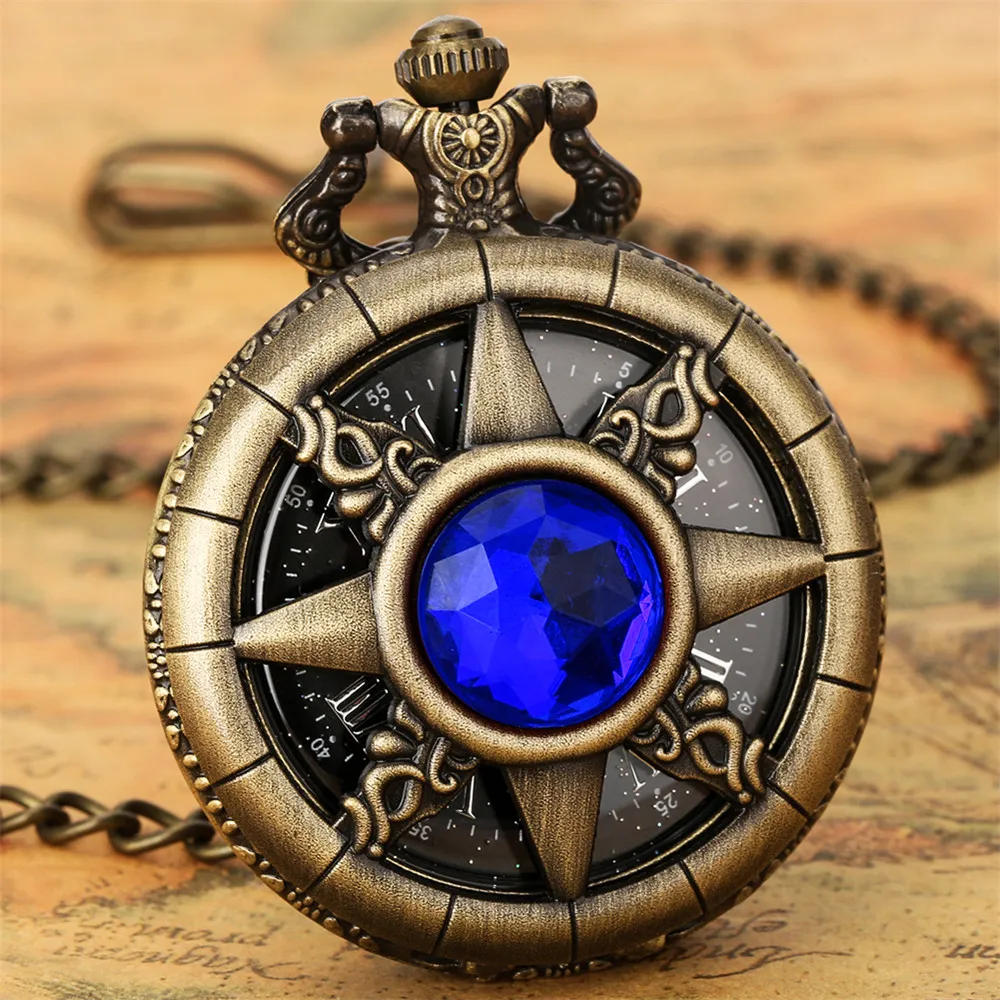 Hollow Sun Rhinestone Decorated Chic Bronze Quartz Pocket Watch Men Women Black Starry Roman Numerals Fob Chain Pendant Clock