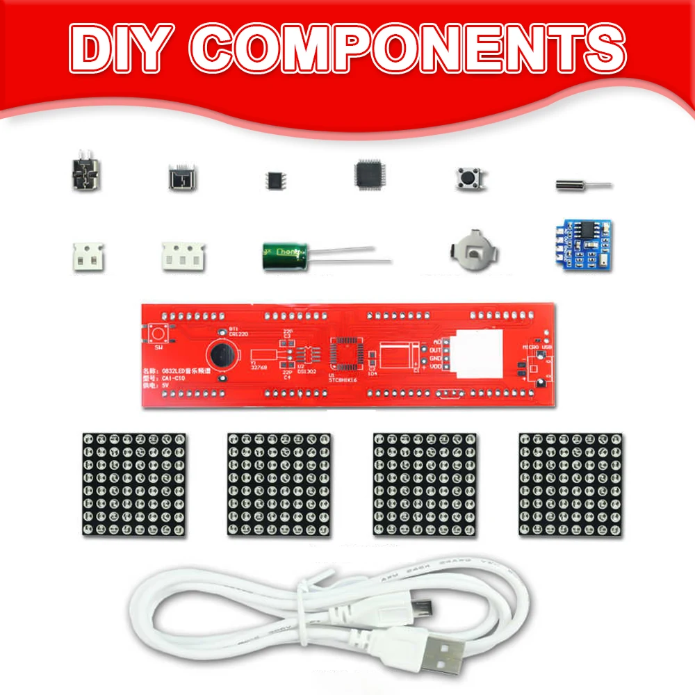 DIY LED Music Spectrum DS1302 Dot Matrix Clock Electronic Soldering Kit Rhythm Light USB Power DC5V with Micro Cable