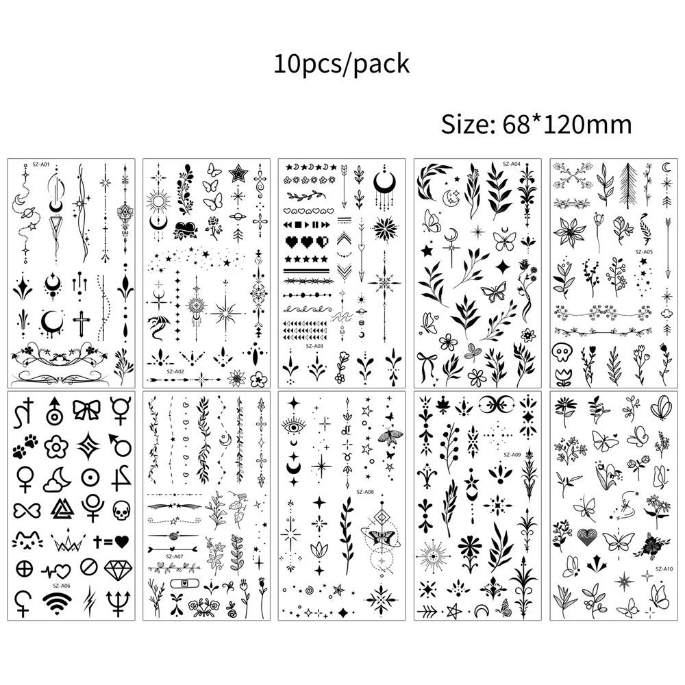 10매 미니 손가락 타투 스티커 방수 임시 타투 여성 및 남성용 손 타투 팔 얼굴 발목용 가짜 타투
