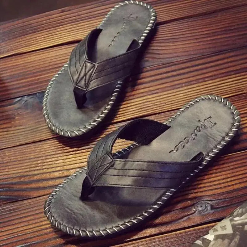 

Coslony Men Slippers Leather pu Flip Flops Men Summer 2023 trending Beach Cool Anti Slip Solid Shoes Men luxury slides for men