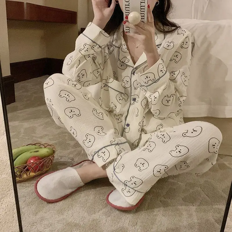 2024 Spring Autumn sleepwear Women's Cartoon Bear Pajamas set Female Cotton Long Sleeve Casual large Size Homewear Two-Piece Set