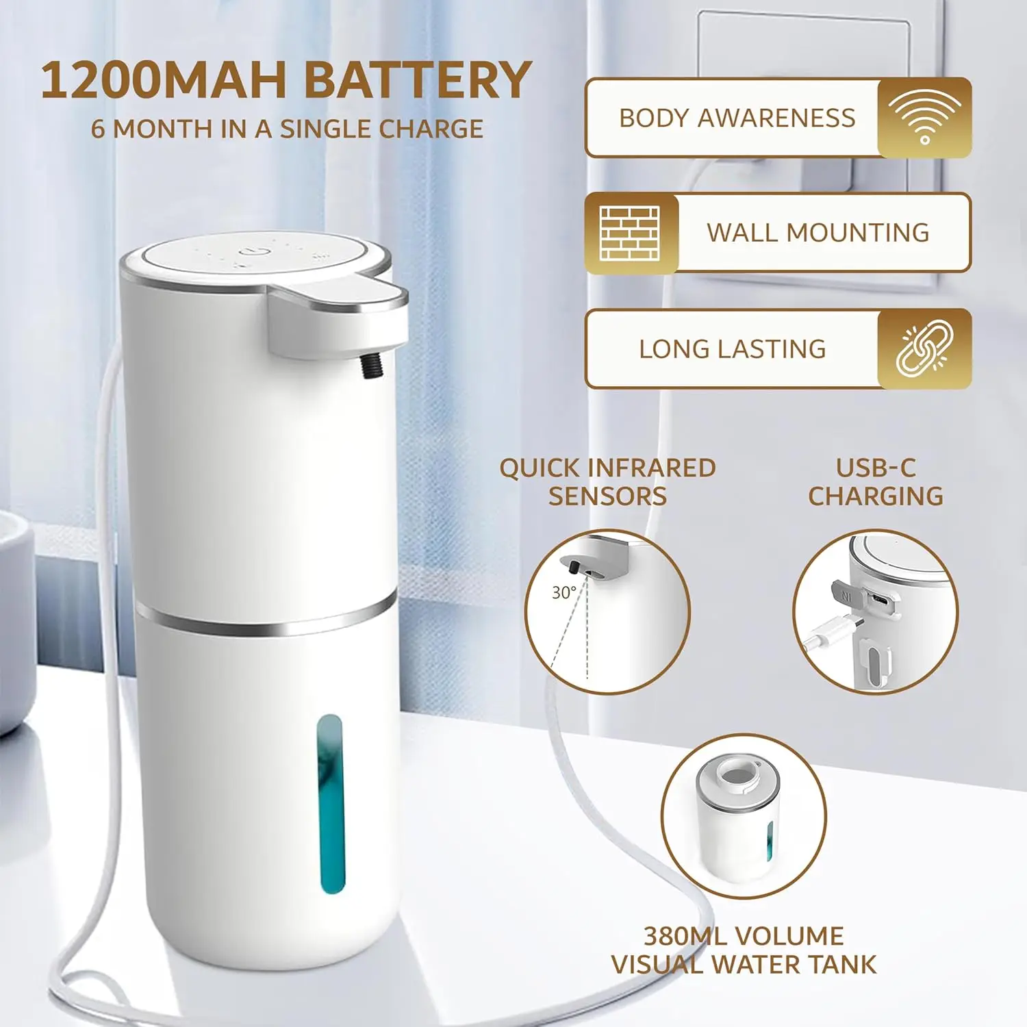 Automatic Foam Soap Dispensers Bathroom Smart Washing Hand Machine With USB Charging White High Quality ABS Material