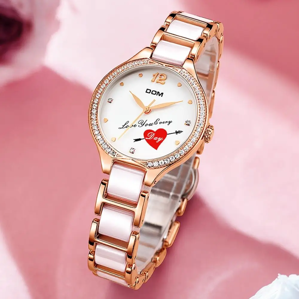 

DOM fashion ladies diamond watch ceramic strap top luxury brand ladies Geneva quartz clock Ladies Gift G-1271G-7MX