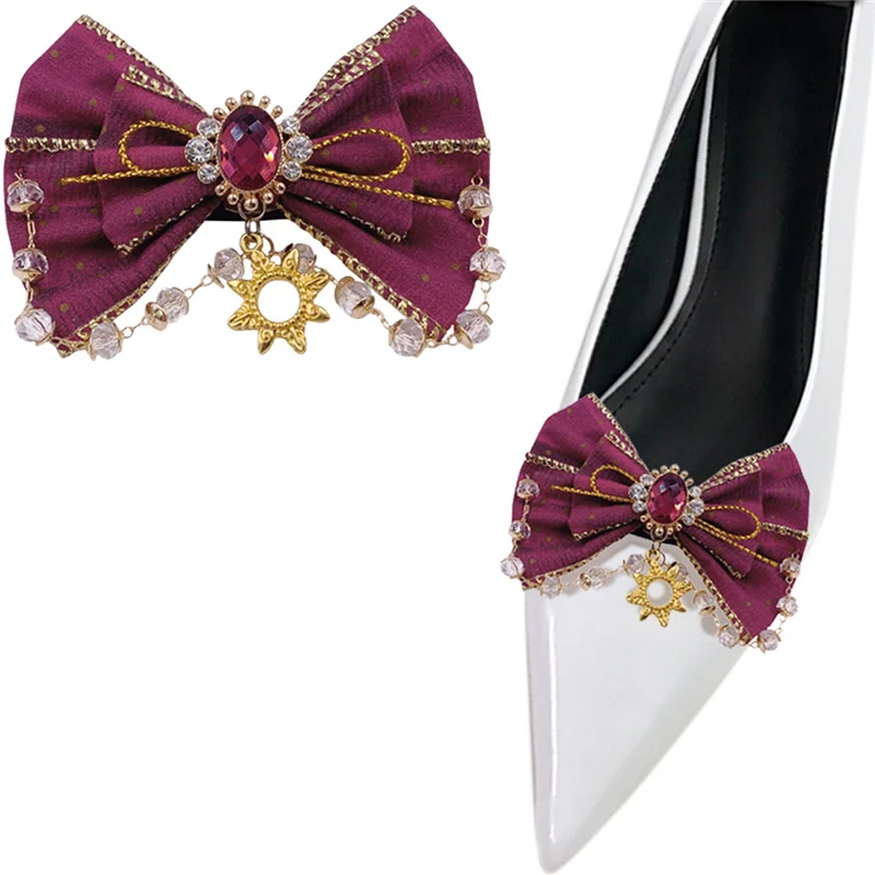 

Fuchsia Bow Shoe Clips Detachable Shoe Embellishment Elegant Pearl Chain Shoe Decoration Lolita Shoes Uniform Pumps Accessories