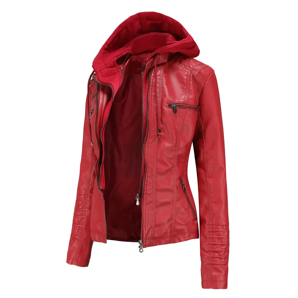 high quality leather jacket for women long sleeve big size detachable hooded new 2023 autumn elegant clothing black brown