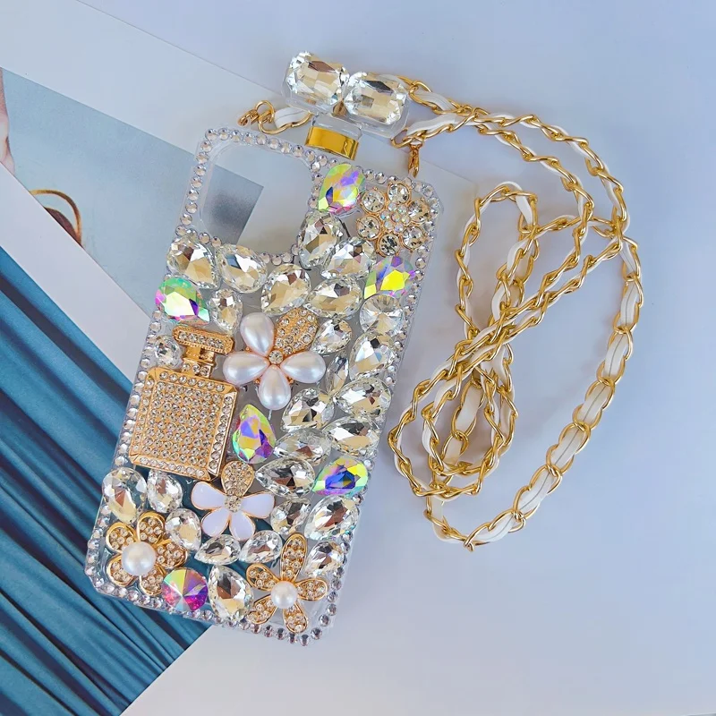 

Luxury Bling Perfume Bottle Case with Lanyard Strap, Sparkle Rhinestones Diamond for iPhone 15 Pro 14 Max, Bling Case, Glitter