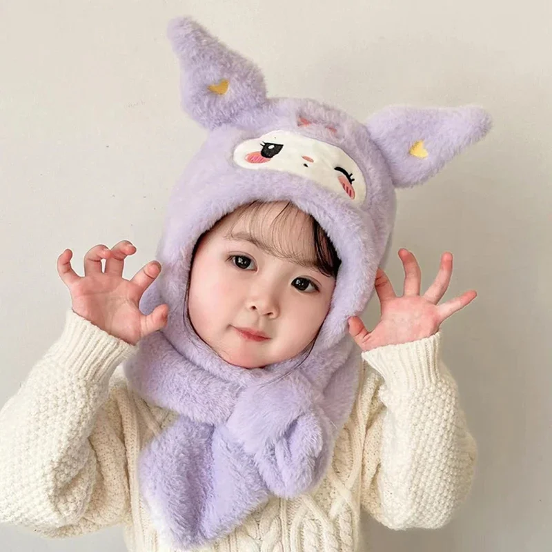 Kawaii Sanrio Kuromi Children Plush Hat Scarf Set Cartoon Anime Sweet Winter Warm Hat Cosplay Party Soft Plush Girls Gifts