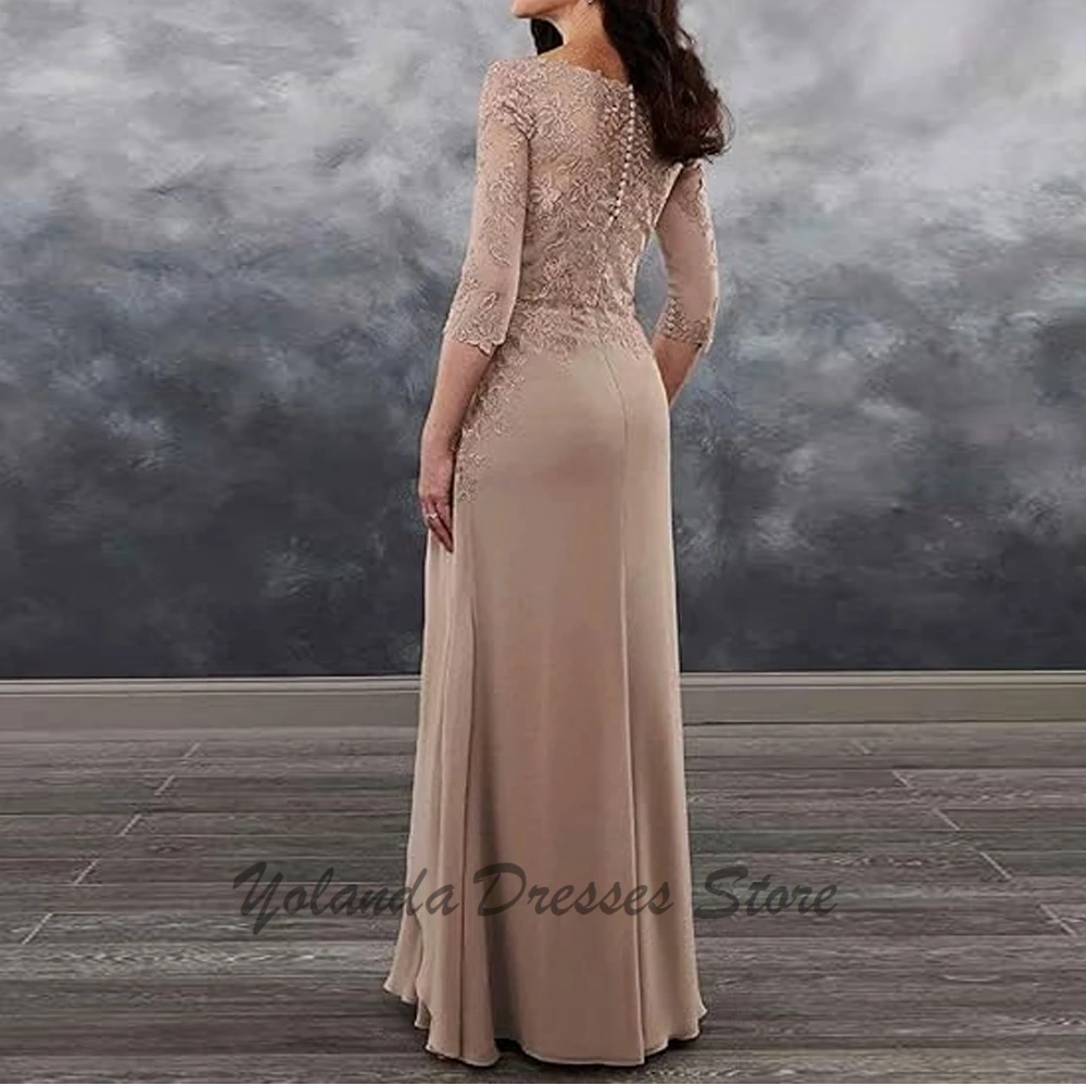 Fashion Scoop Neck Mother of The Bride Dresses Applique Lace Zipper Back Formal Evening Gown Floor Length 3/4 Sleeves Ruffles