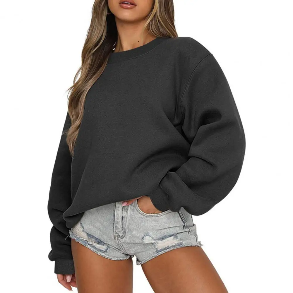 

Women Sweatshirt Long Sleeve Thin Round Neck Solid Color Loose Elastic Cuff Lightweight Simple Style Commute Fall Top Lady
